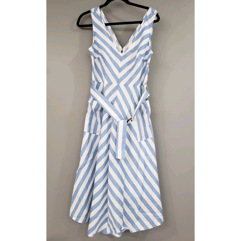NEVER WORN SIZE 0 Kate Spade Deck Blue White Stripe Linen V Neck Midi Dress Blue